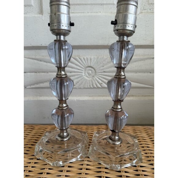 Vintage 60's Pair Small Table Lamps Purple Stacked Lucite Clear Glass - Picture 11 of 16